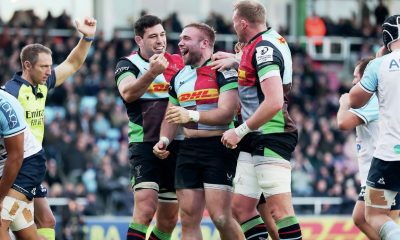 Sam Riley celebrates scoring for Quins in the 68-14 rout of Bayonne last Sunday