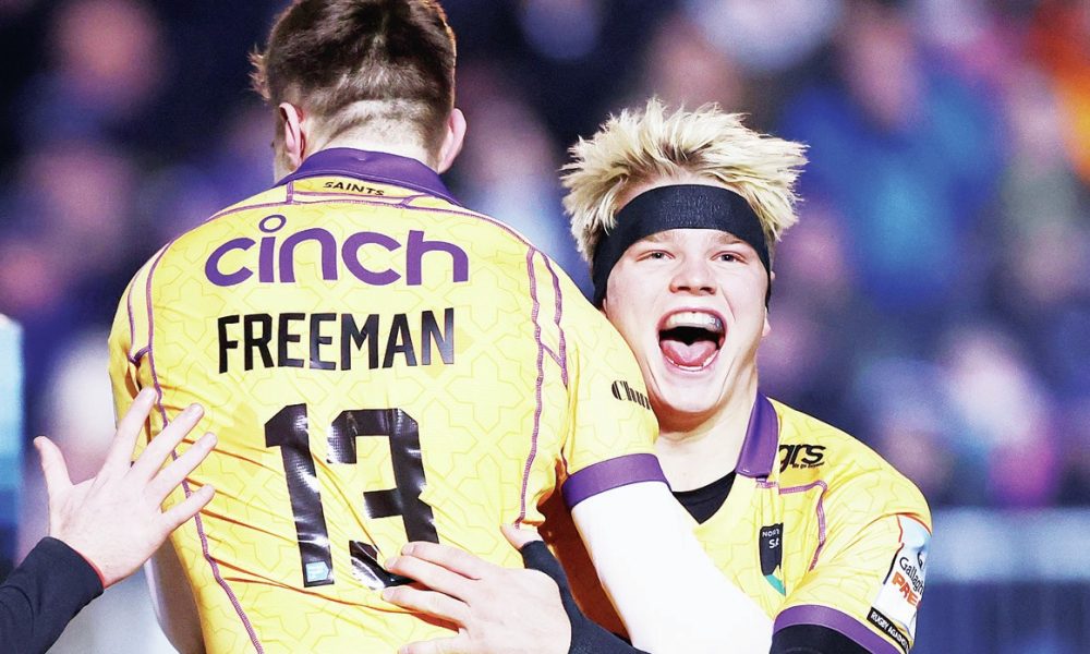 Henry Pollock celebrates with Tommy Freeman after the centre scored his first try in Northampton Saints’ victory over Bath yesterday