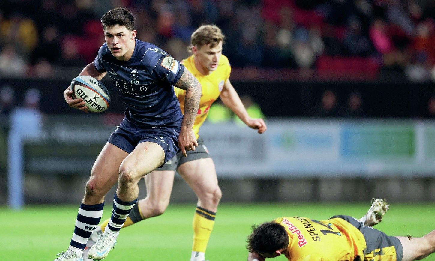 Louis Rees-Zammit sidesteps Oli Spencer to score his and Bristol Bears’ second