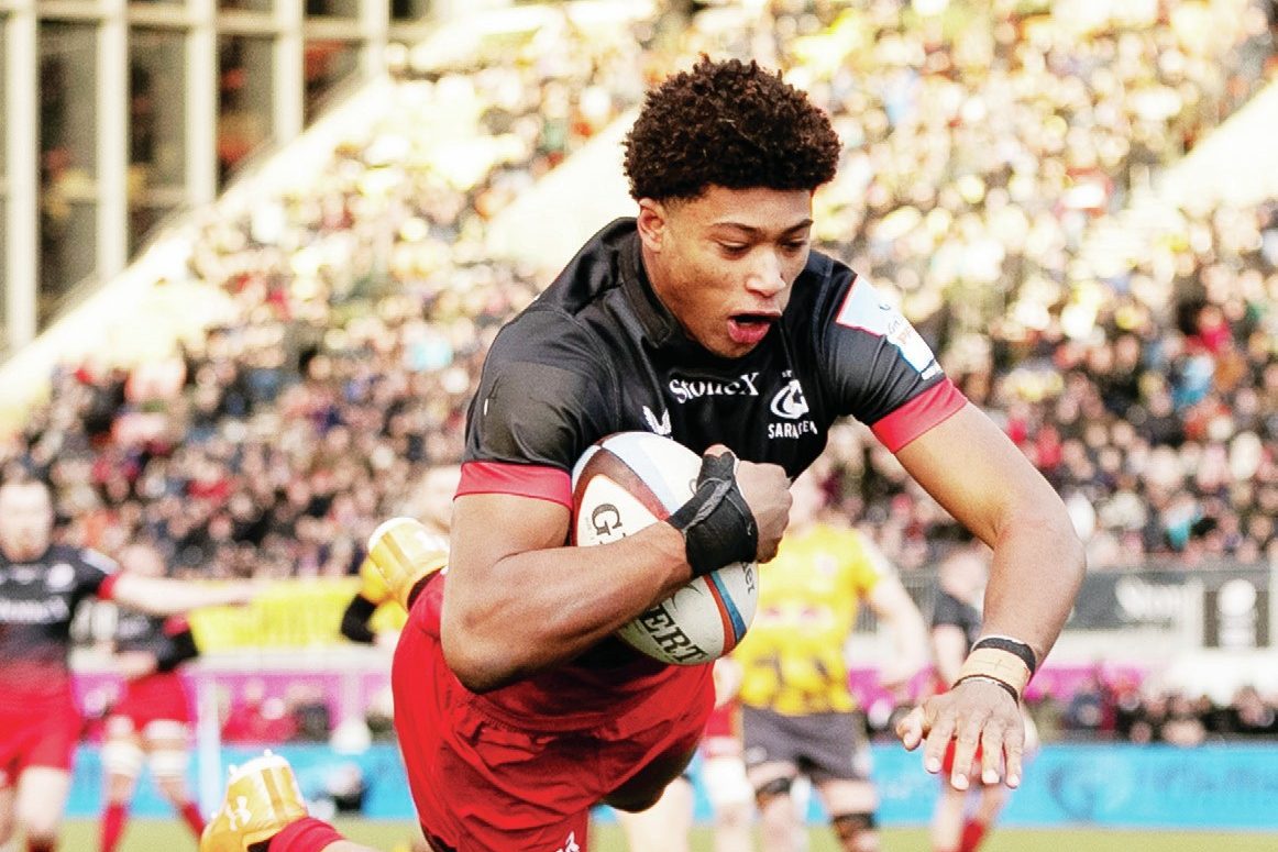Noah Caluori on his way to scoring four tries for Saracens