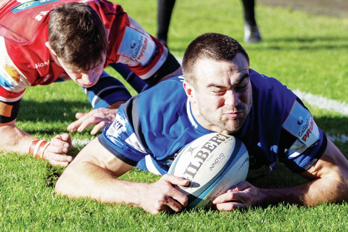 Bath’s Will Muir scores against Gloucester in this Prem Cup clash