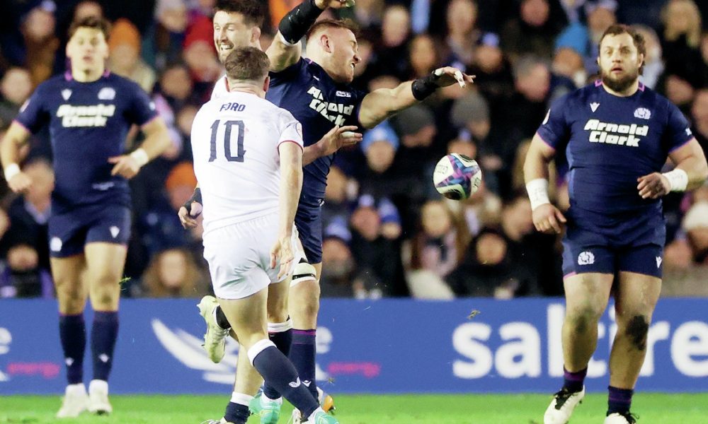 George Ford’s drop goal attempt while an England penalty advantage was being played is charged down leading to a Scotland try