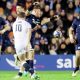 George Ford’s drop goal attempt while an England penalty advantage was being played is charged down leading to a Scotland try