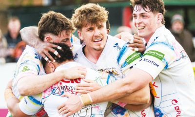 Plymouth Albion celebrate a try in the second half.