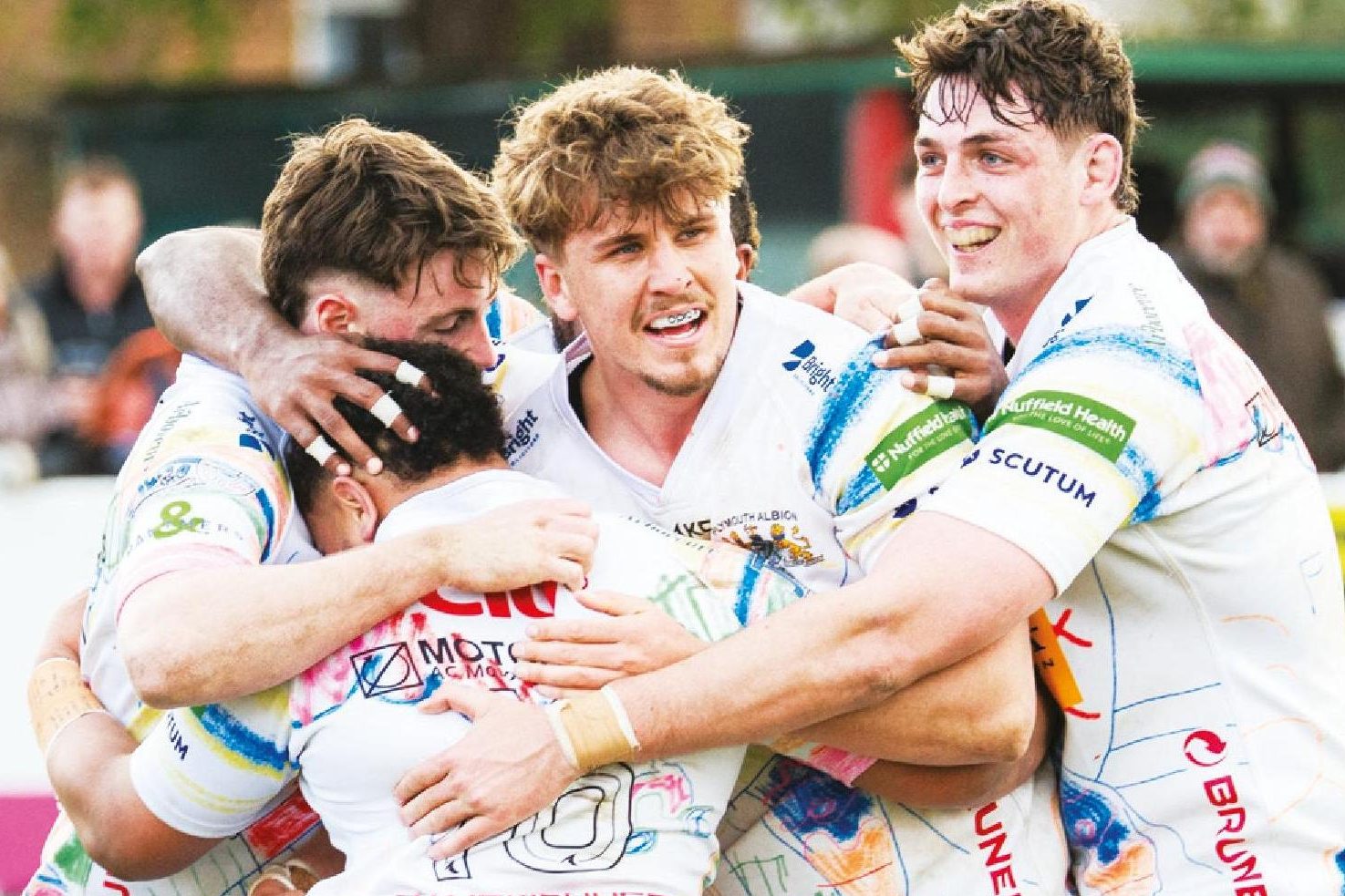 Plymouth Albion celebrate a try in the second half.