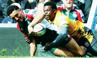 Leicester Tigers wing Gabriel Hamer-Webb beats Christian Wade to score his first of the day
