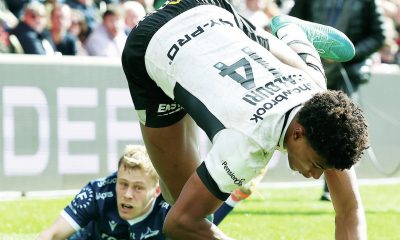 Noah Caluori diving in to score his second of five tries for Saracens against Sale Sharks last Sunday