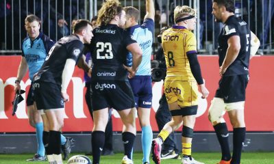 Northampton Saints back rower Henry Pollock receives a yellow card against Bath