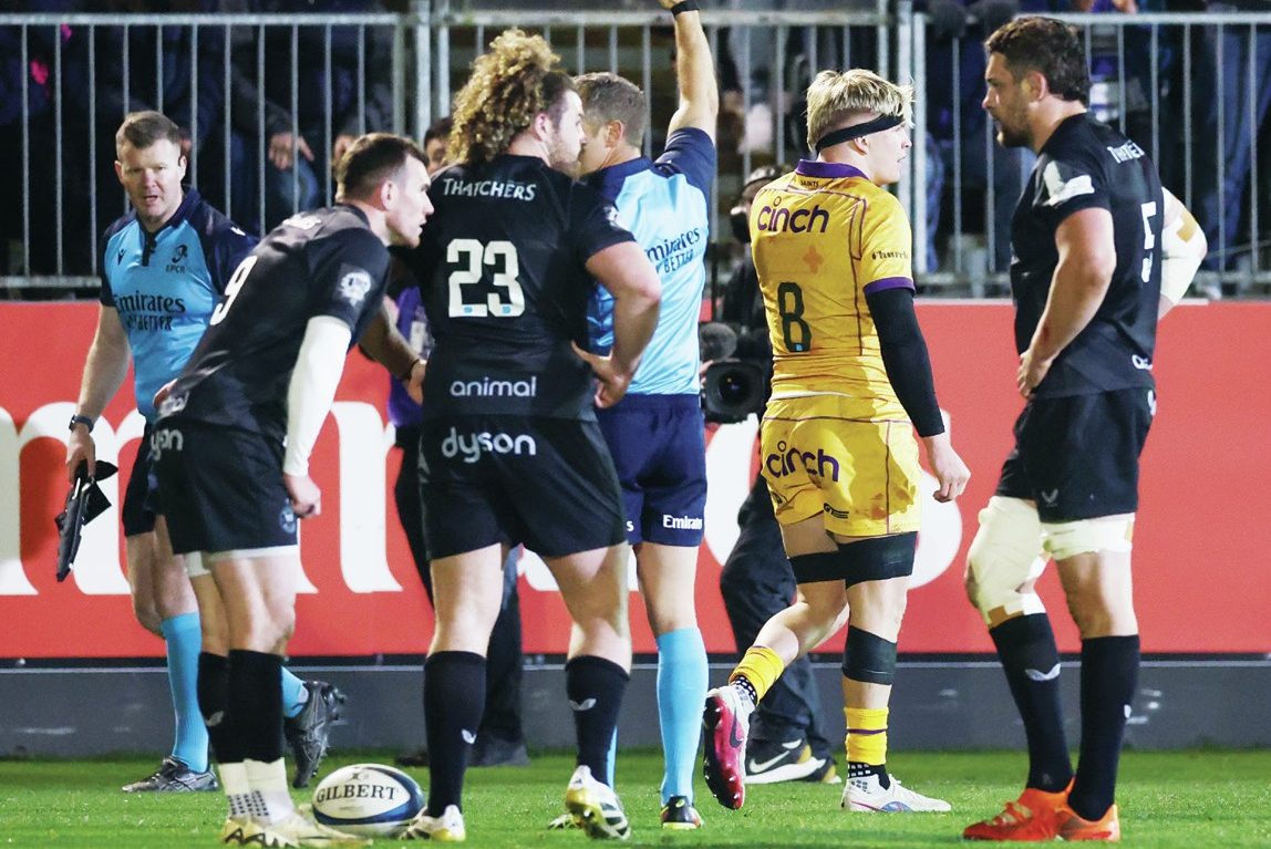 Northampton Saints back rower Henry Pollock receives a yellow card against Bath