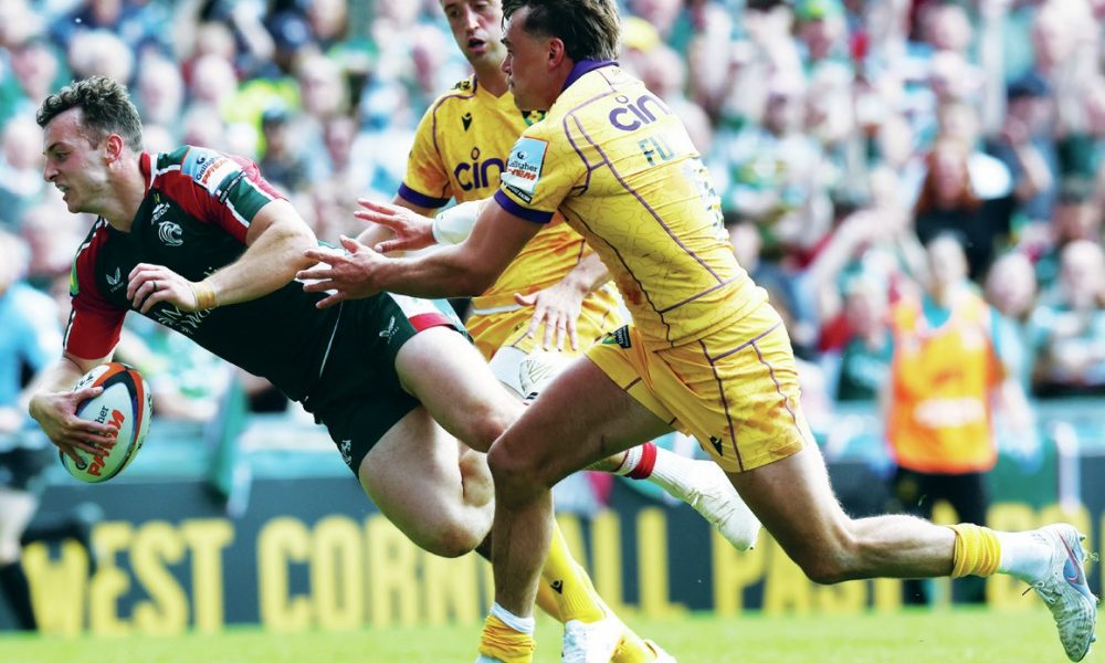 Leicester Tigers’ Adam Radwan dives in to score against Northampton Saints