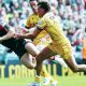 Leicester Tigers’ Adam Radwan dives in to score against Northampton Saints