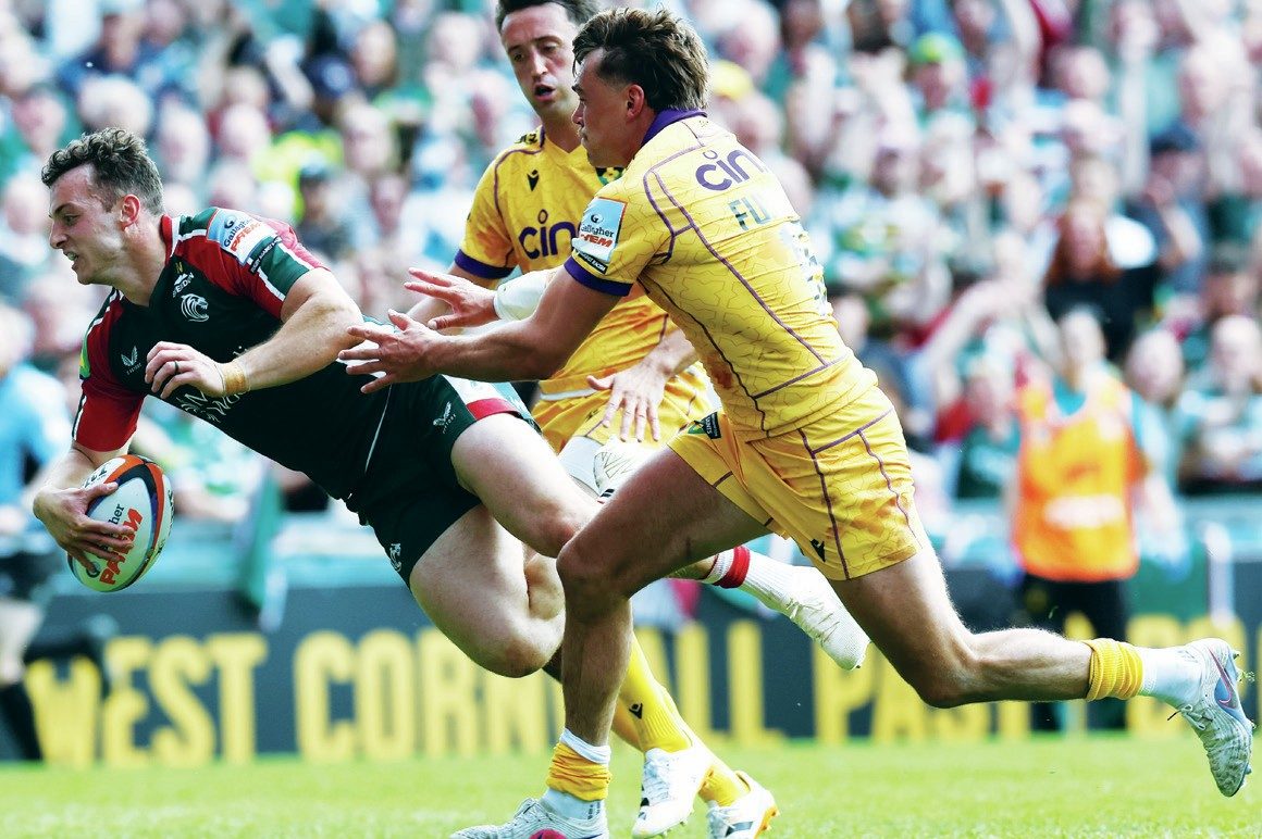 Leicester Tigers’ Adam Radwan dives in to score against Northampton Saints