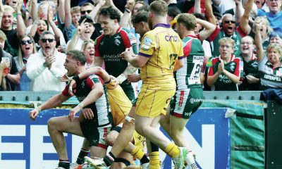 Leicester Tigers’ Freddie Steward celebrates scoring his team’s sixth try