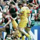 Leicester Tigers’ Freddie Steward celebrates scoring his team’s sixth try