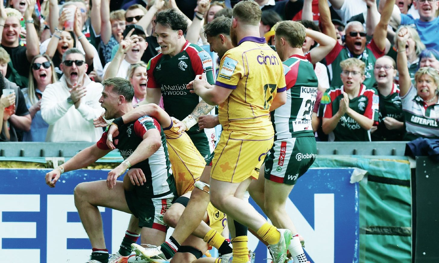 Leicester Tigers’ Freddie Steward celebrates scoring his team’s sixth try