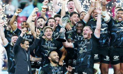 Lenni Nouchi lifts the trophy as Montpellier celebrate