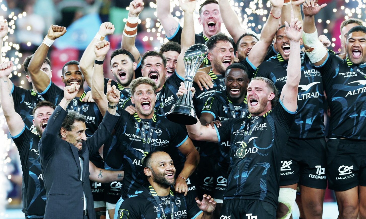 Lenni Nouchi lifts the trophy as Montpellier celebrate