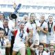 England captain Megan Jones lifts the Six Nations trophy