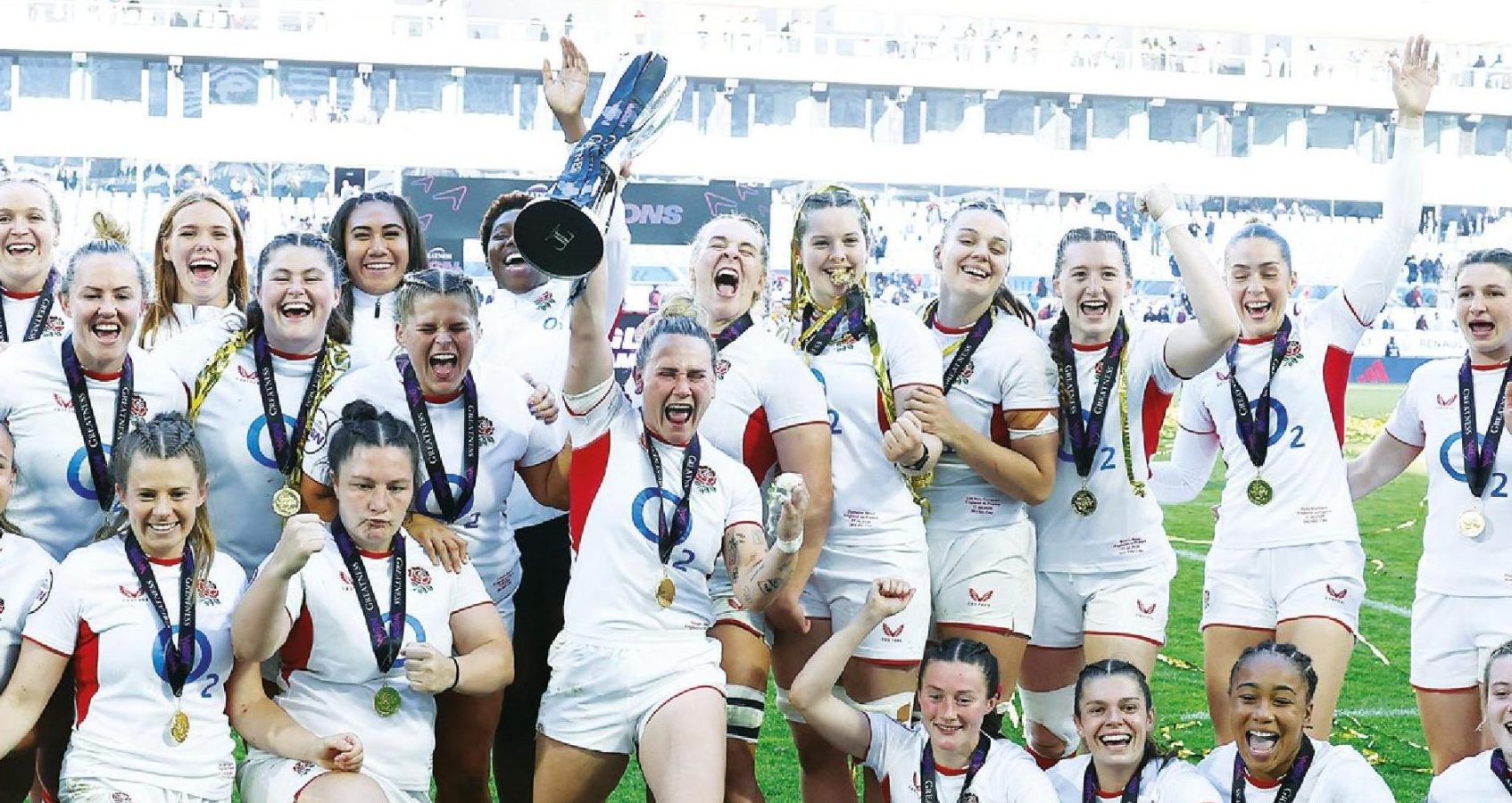 England captain Megan Jones lifts the Six Nations trophy
