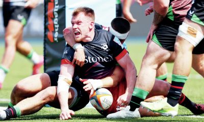 Nick Tompkins celebrates after scoring the third try for Saracens