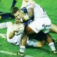 Huw Taylor scoring a try for Worcester Warriors against Bath during the Premiership 7s