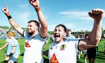 Exeter Chiefs’ Bachuki Tchumbadze and Ethan Burger celebrate their one-point victory over Bath