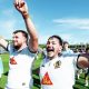 Exeter Chiefs’ Bachuki Tchumbadze and Ethan Burger celebrate their one-point victory over Bath