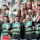Northampton Saints captain George Furbank lifts the Prem trophy